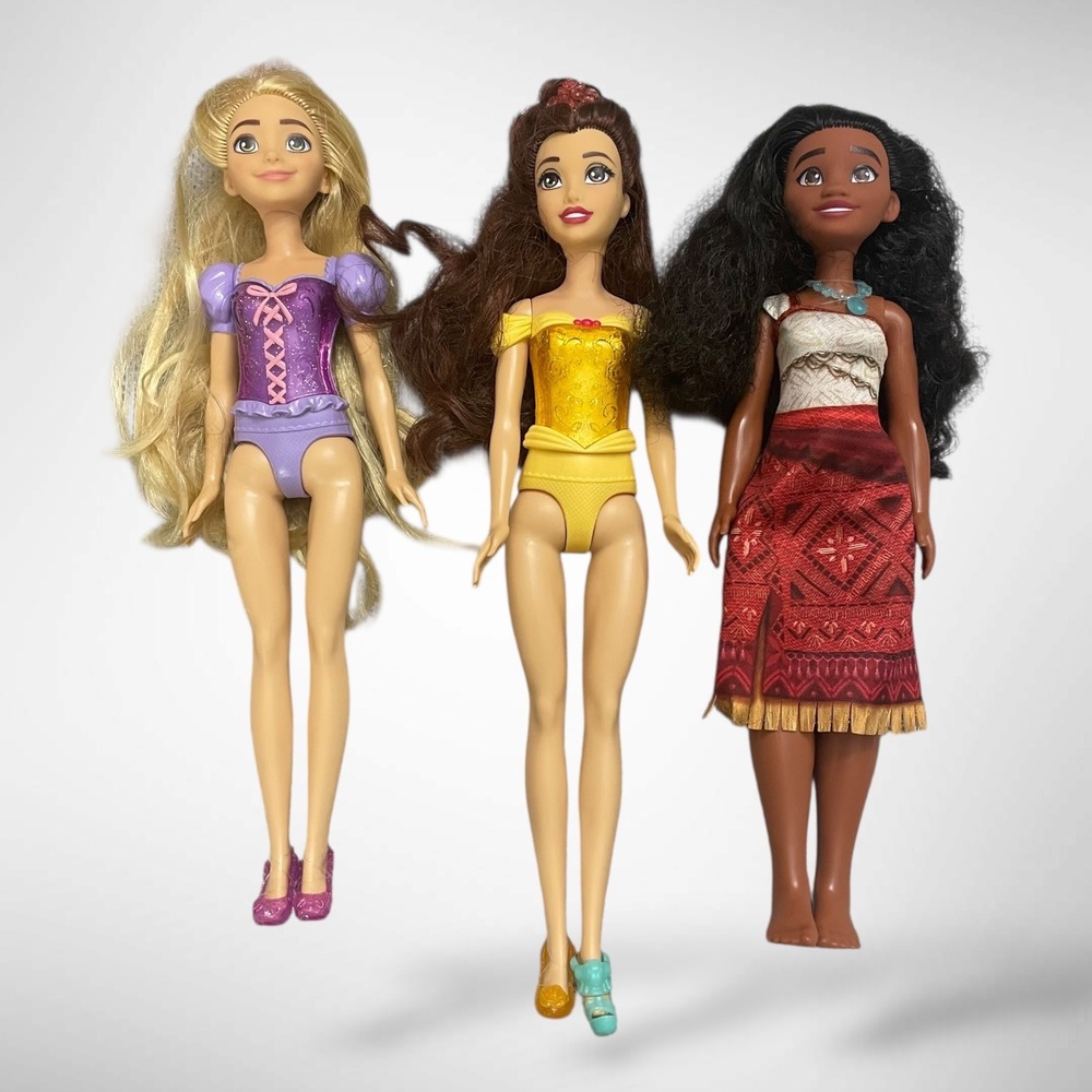 Disney Princess Doll Lot Rapunzel Belle Moana 3 Piece Set 11-12 Inch Dolls